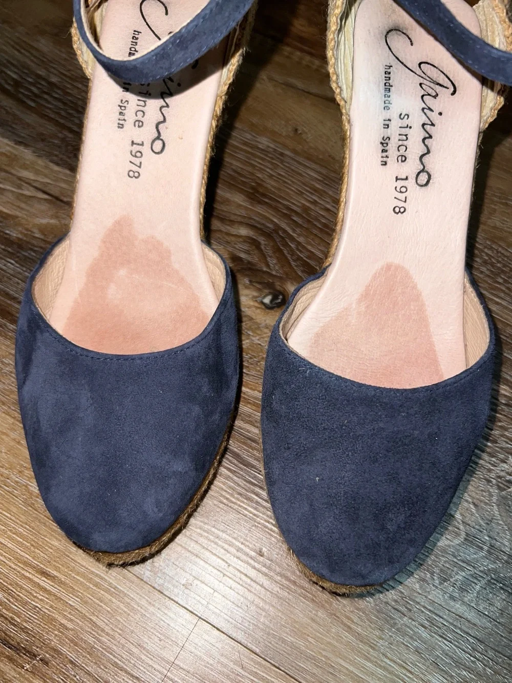 Gaimo Navy Blue Suede Espadrille Ankle Strap Wedge Sandals, Size 7.5